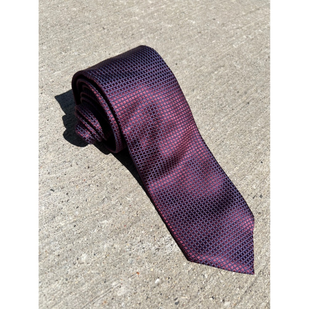 Ermenegildo Zegna Tie Mens OS Burgundy Iridescent Silk Micro Grid Excellent